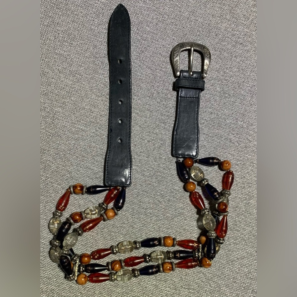 Vintage Western Beaded Belt-Silver Buckle-Unique Details